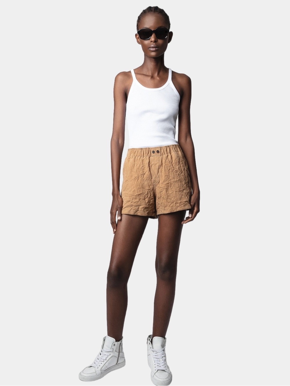 Papi Daim Froisse Women's Tan Casual Elastic-Waist Shorts Lether